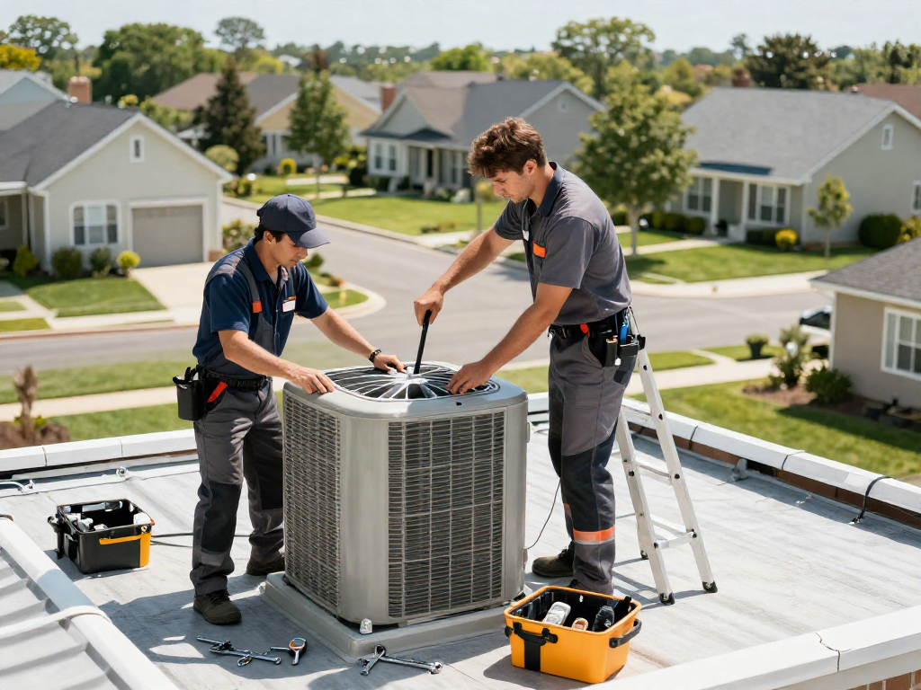 Technicians from a home service marketing agency performing HVAC repairs in a residential area