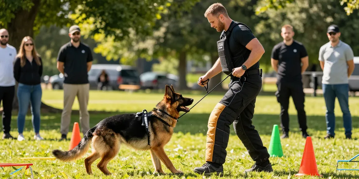 Handler demonstrating ROKOK88 K9 gear during training with a German Shepherd in a sunny park.