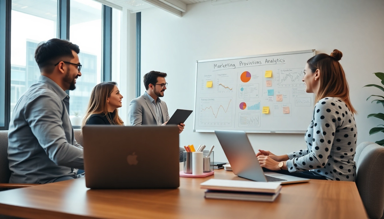 Digital marketing company professionals strategizing in a bright and modern office setting.