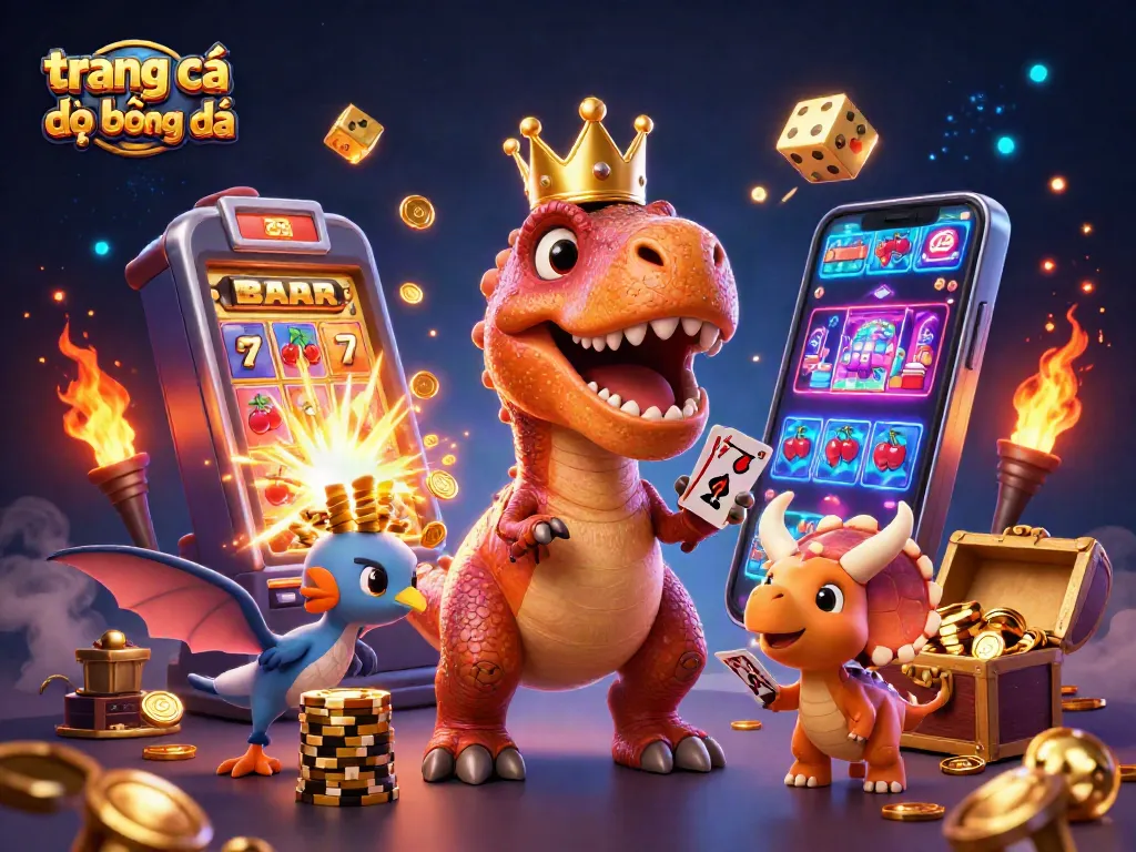 Trang cá đọ bóng đá với T-Rex cầm bài và triceratops xếp chip vàng trong không gian sôi động.