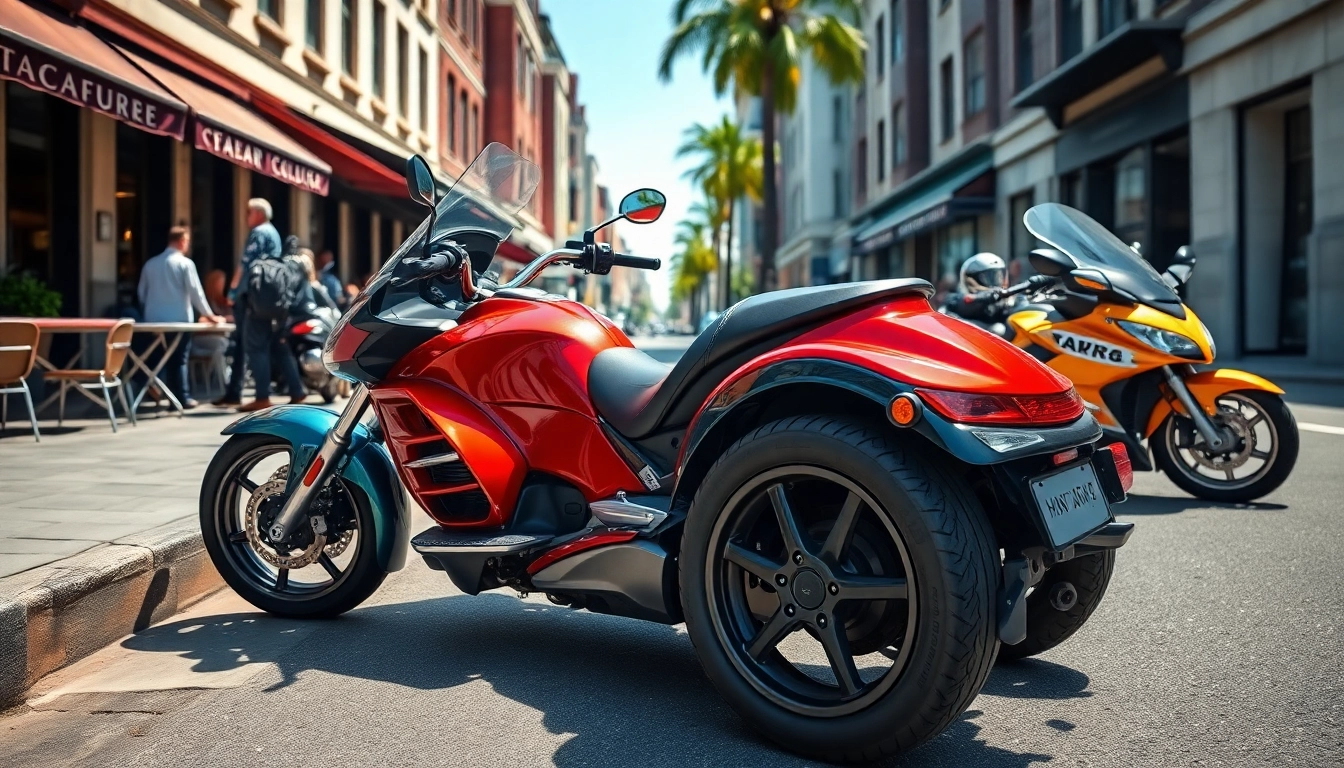 View of stylish cheap street legal three wheeler trikes parked on a lively urban street, highlighting their vibrant designs.