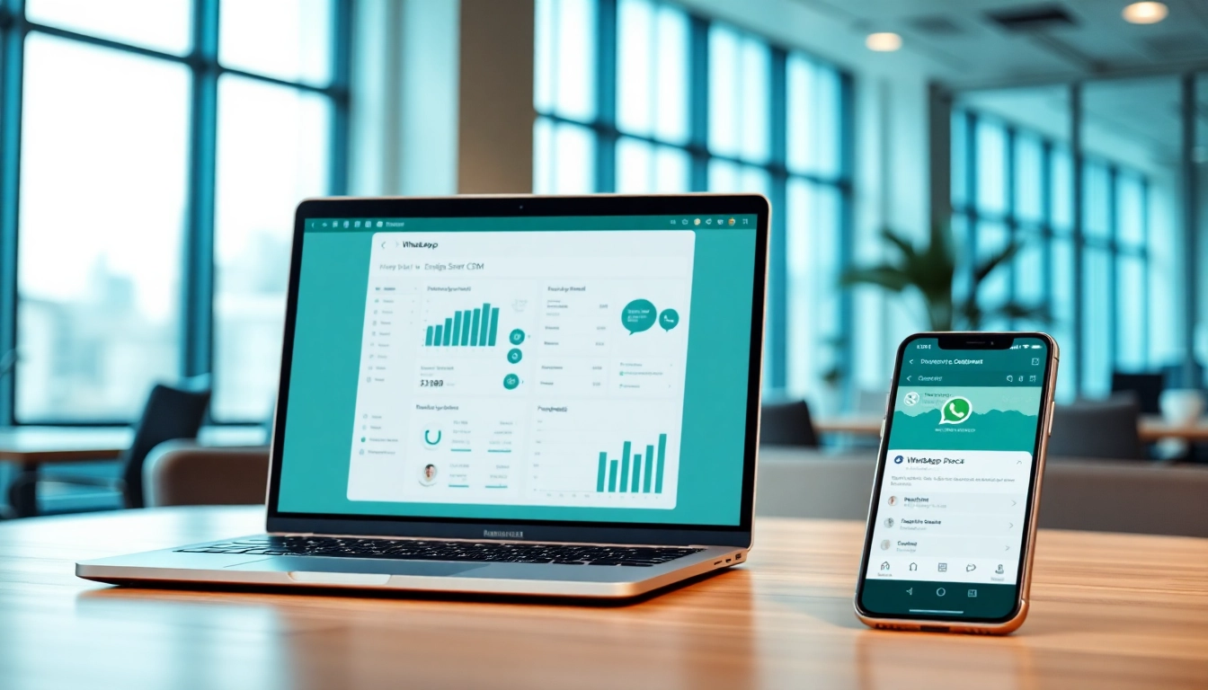 Showcasing WhatsApp Smart CRM with modern tech in a professional workspace.