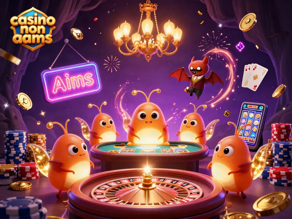 I casinò non AAMS sono illuminati da luci brillanti e ricchi dettagli, con un dealer pipistrello, pedine e giochi di carte.
