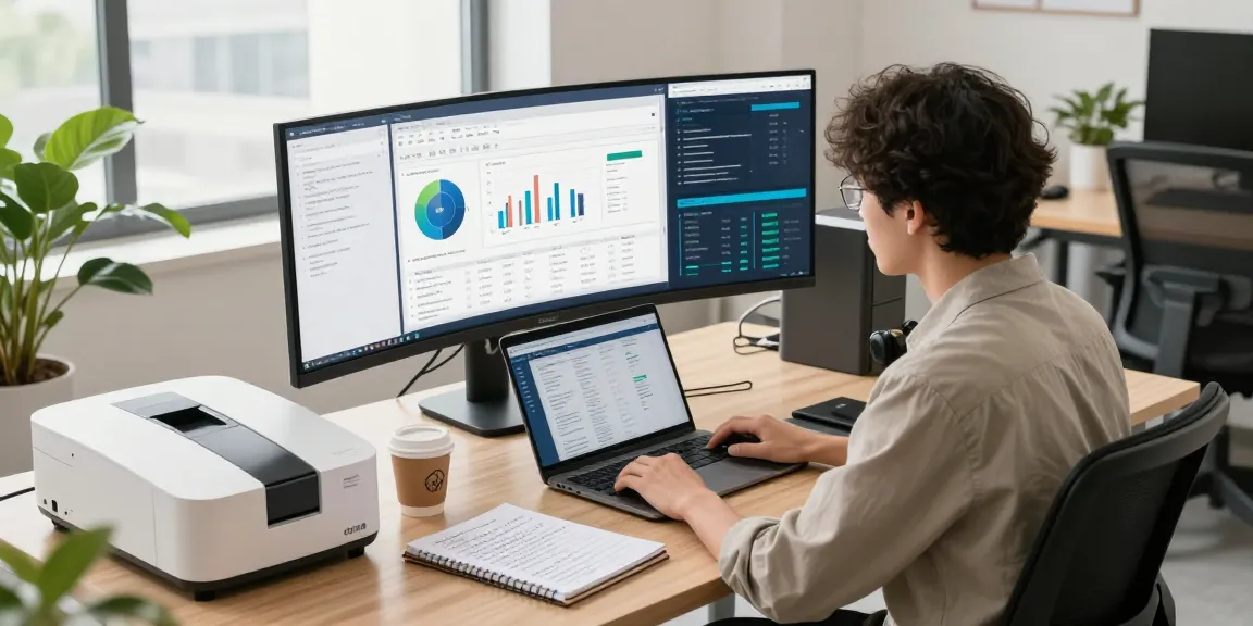 Data analyst using document fraud detection software in a modern office, analyzing security data with multiple monitors