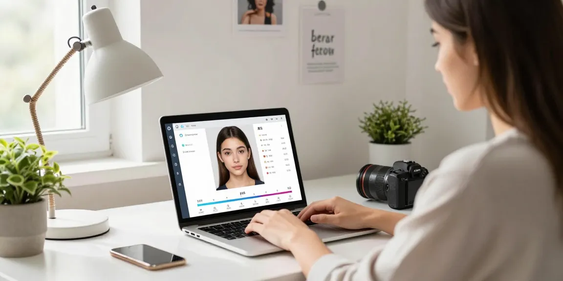AI attractiveness test scene with young adult using a laptop for facial feature analysis and scoring.