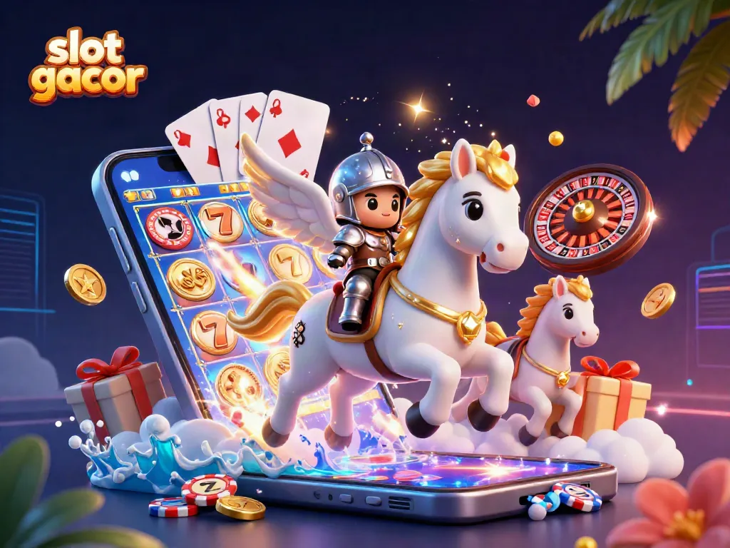 Mainkan slot gacor dengan kuda putih bercahaya dalam ilustrasi 3D yang megah dan detail.