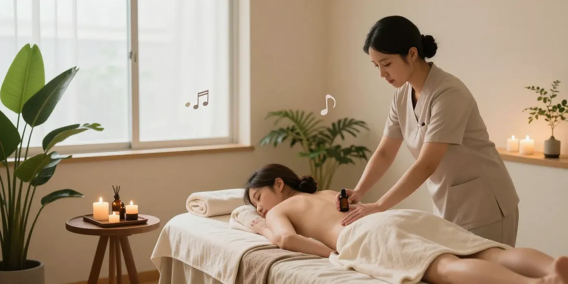 Relaxing 창원마사지 therapy session in a tranquil spa with essential oils and soft lighting.