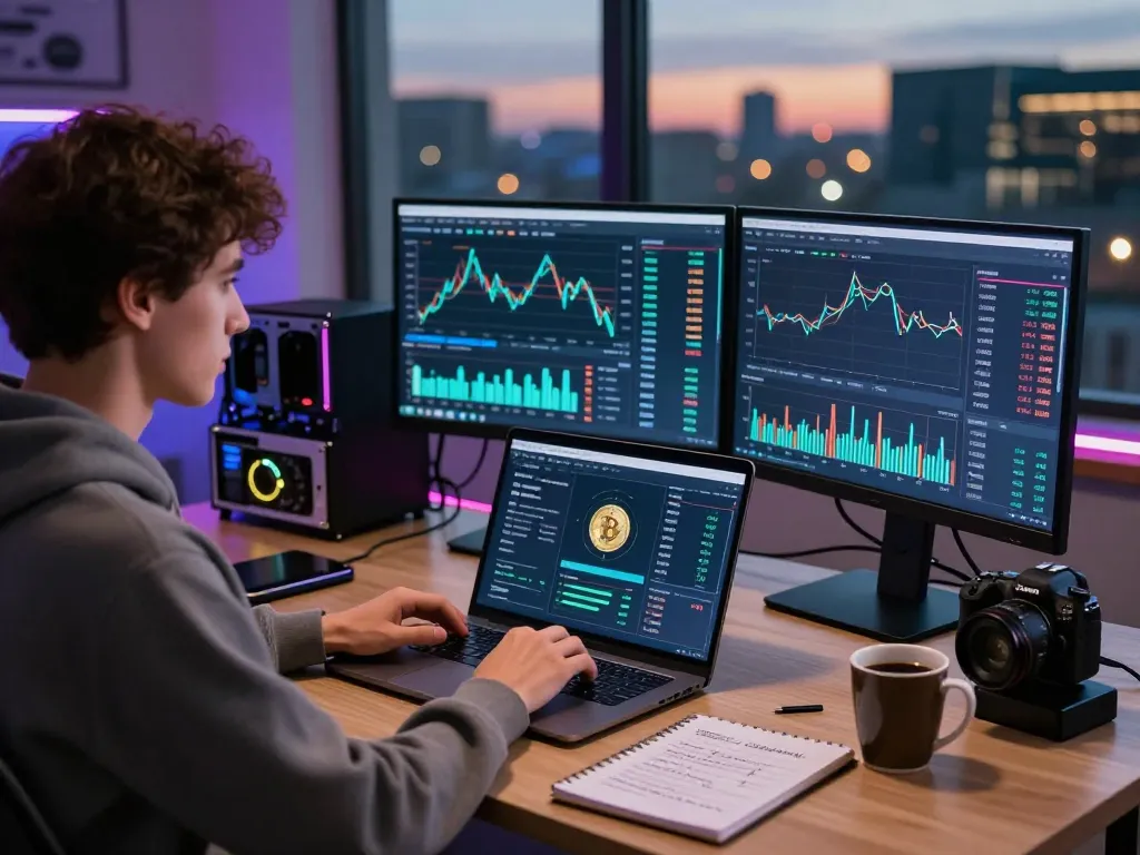 Engaged user analyzing crypto cloud mining platform statistics in a modern workspace.