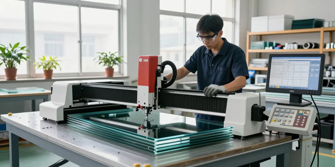 Technician using glass cutting machine CNC in a bright industrial workshop.