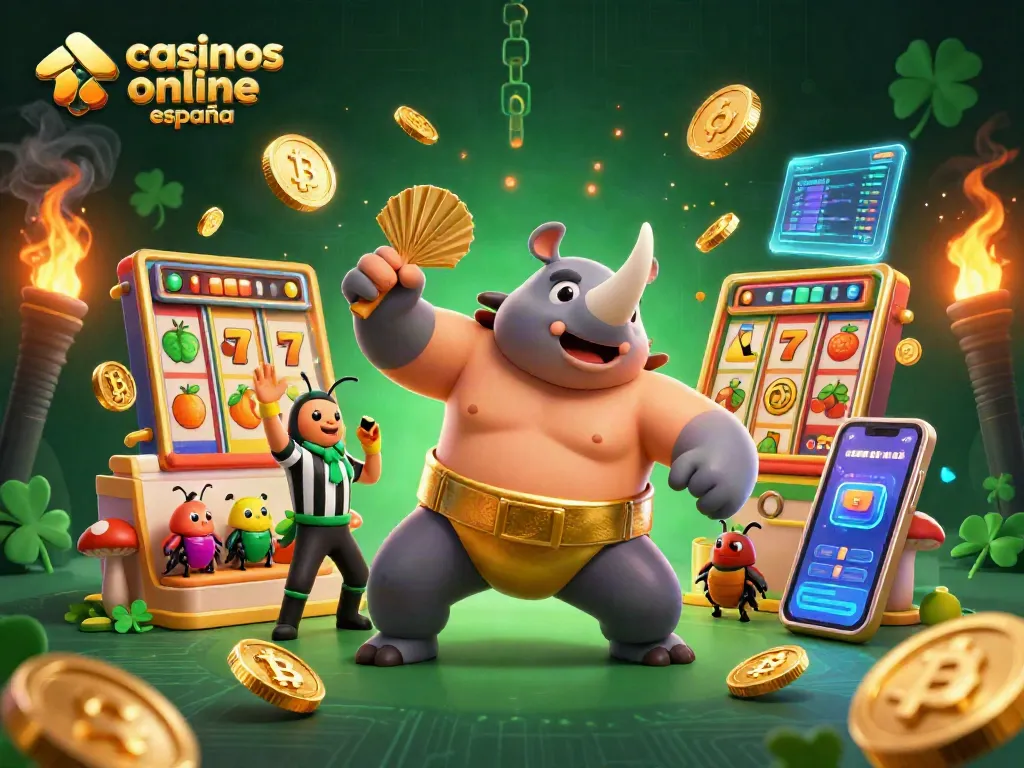 Casinos online España: Campeón de sumo de escarabajo revela jackpots y monedas doradas en un vibrante escenario.