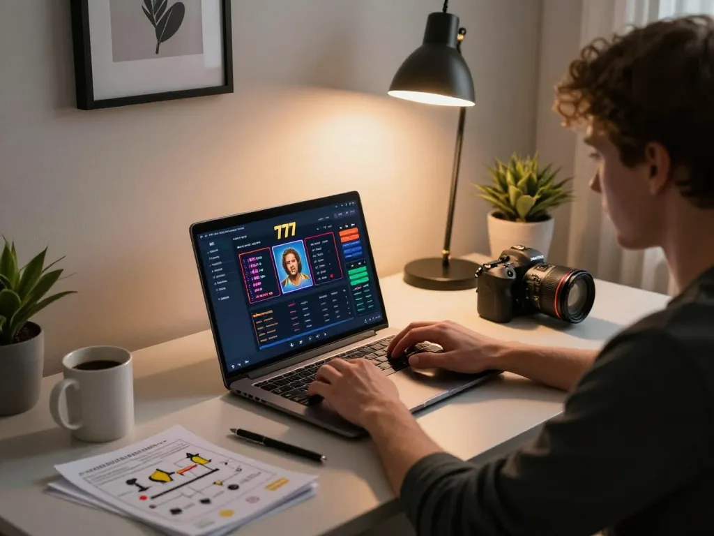 Engaged player enjoying slot777 games on a laptop in a cozy home setup while reviewing bankroll.