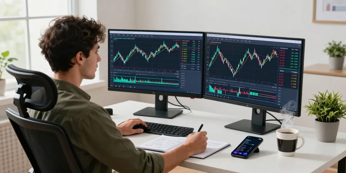 Trader analyzing forex market data on MetaTrader 4 in a vibrant home office setting.