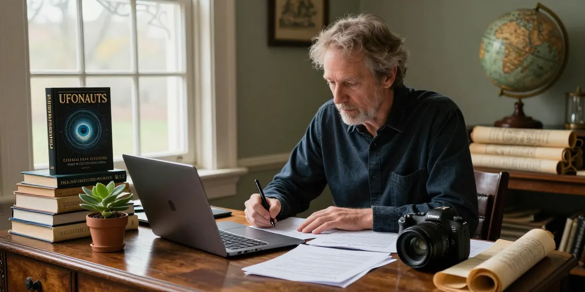 T Allen Greenfield studying UFOnauts at https://tallengreenfield.com with religious texts and natural lighting.