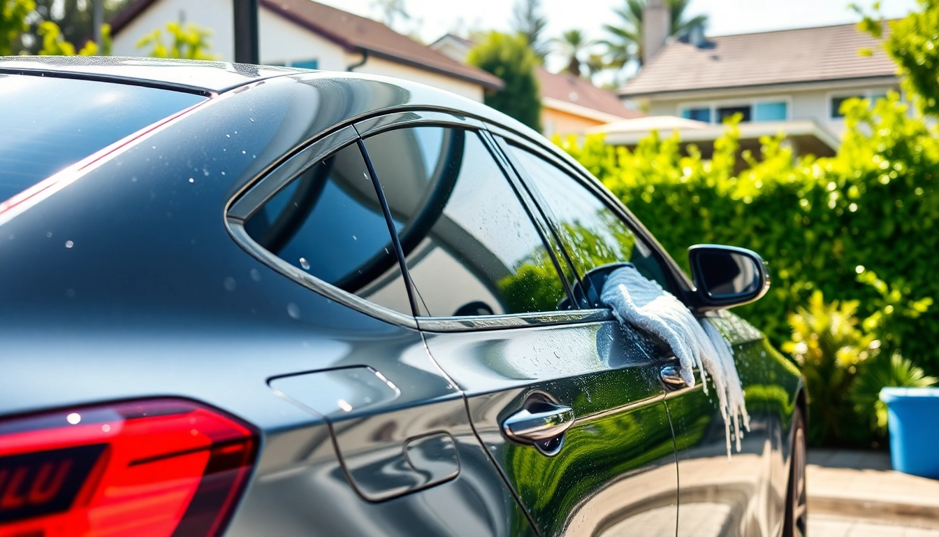 View of a car wash and detail mobile service cleaning a car in a sunny neighborhood.