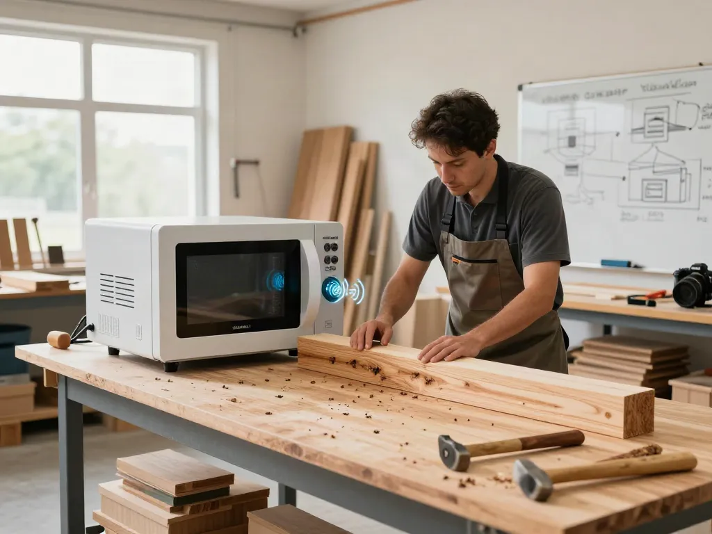 SHASHEL® technician using microwave equipment for woodworm elimination in a modern workshop.