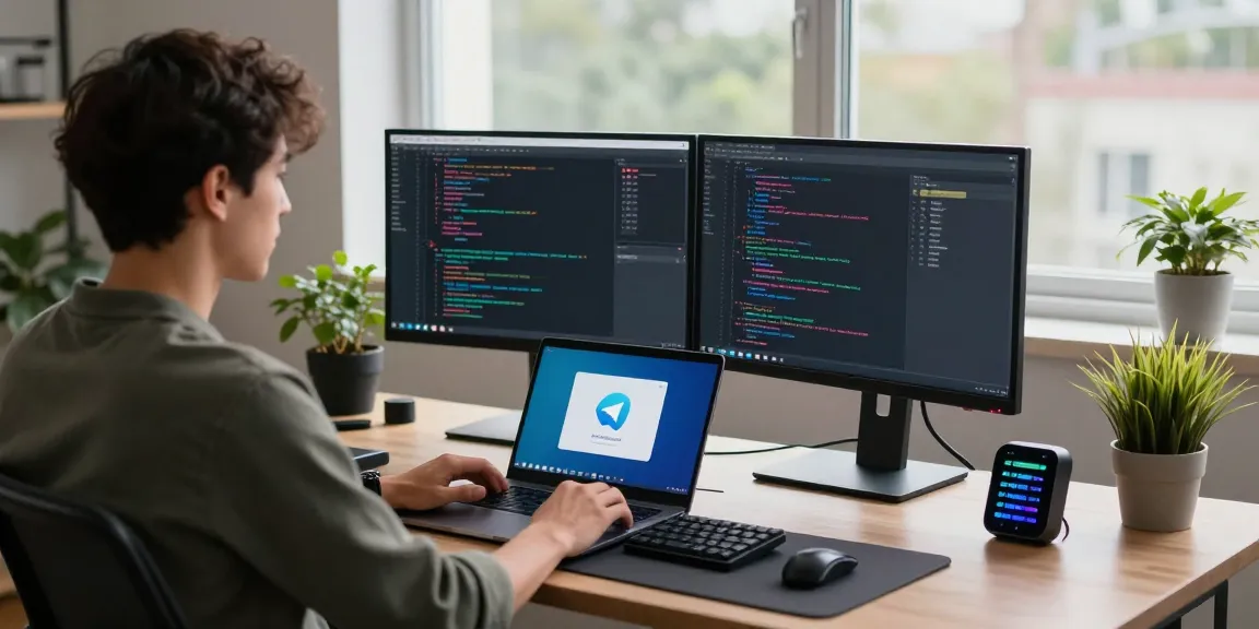 Seamless Telegram Download experience on a tech workspace with dual monitors, laptop, and natural lighting.
