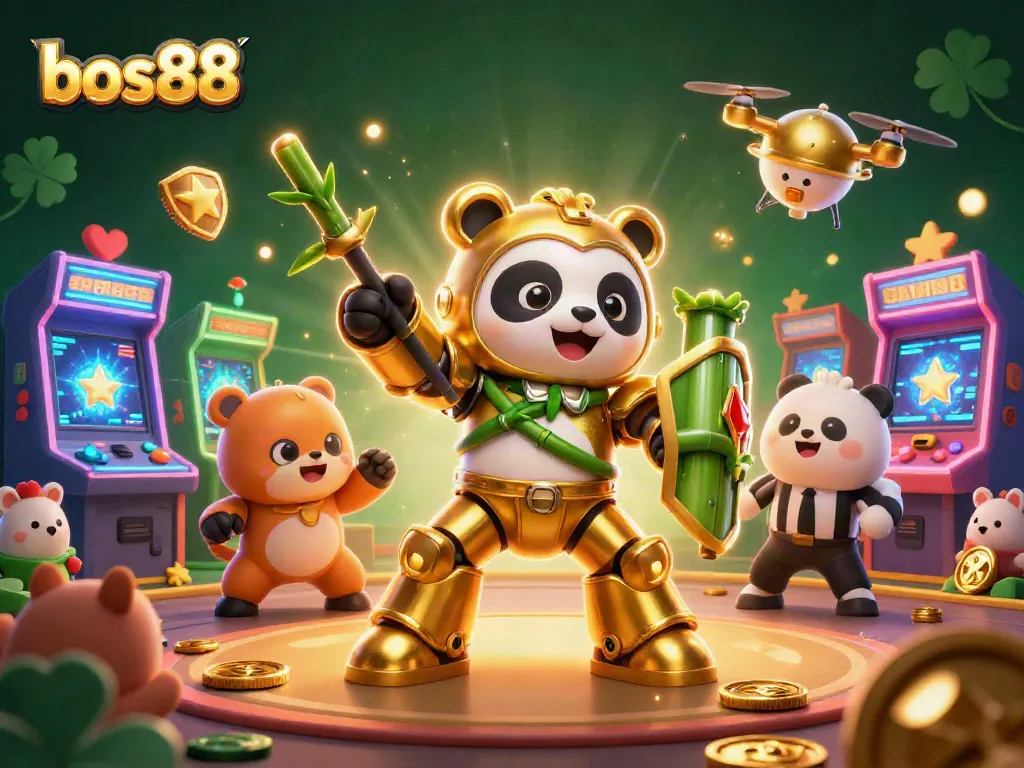 Permainan bos88 menampilkan panda emas dalam robot bertarung dengan elemen kasino yang berkilau.
