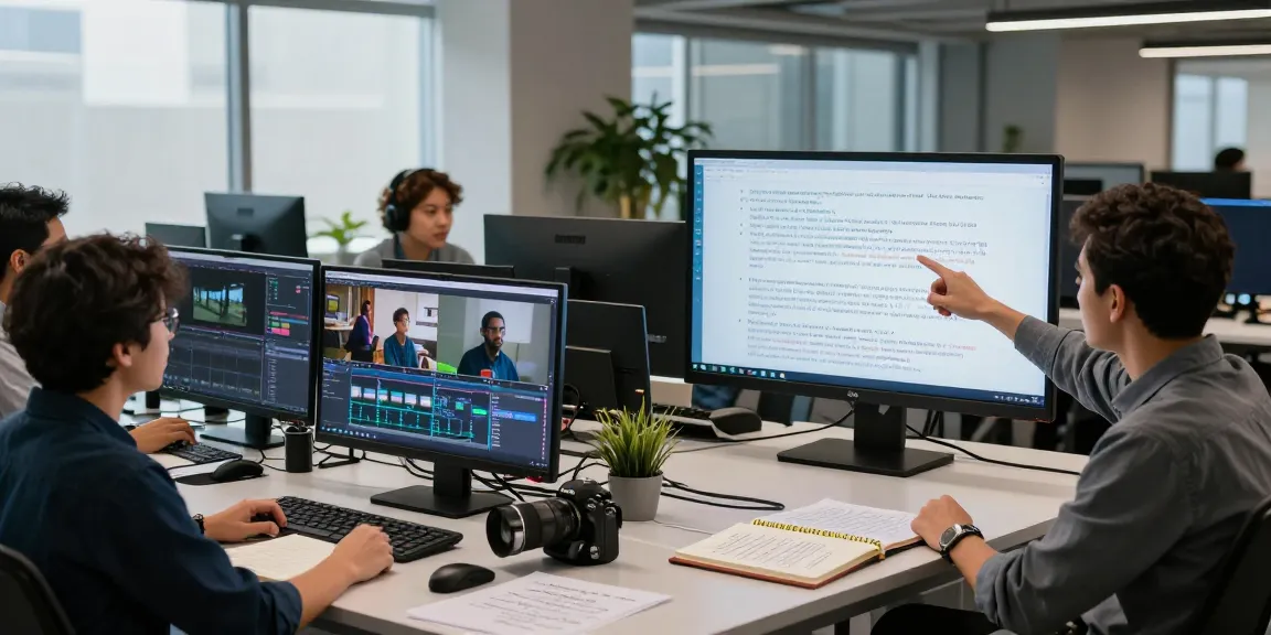 Team of professionals using a prompt ai generator for video analysis in a modern office.