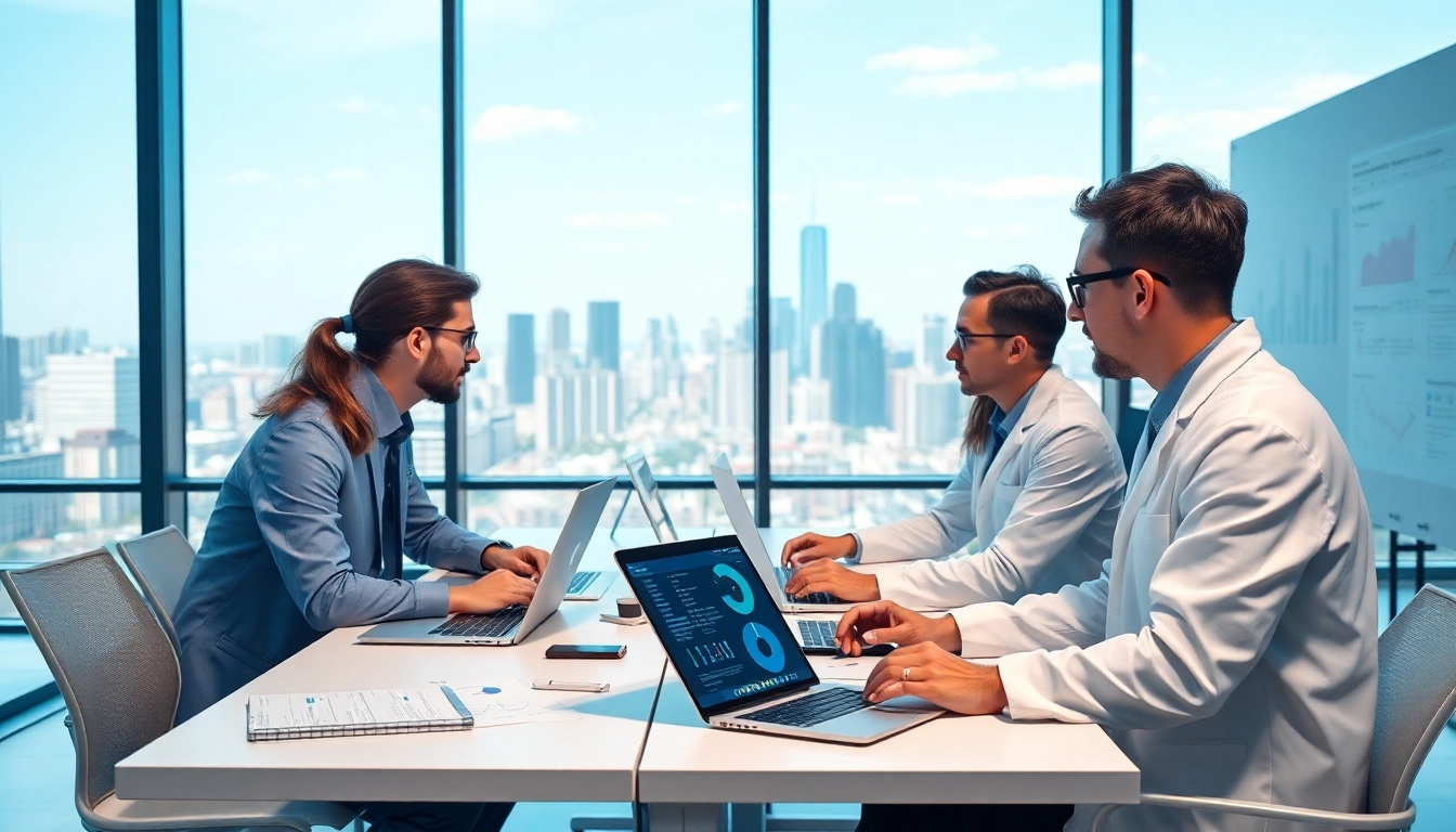 Data scientists collaborating on enterprise search ai solutions in a modern office setting.
