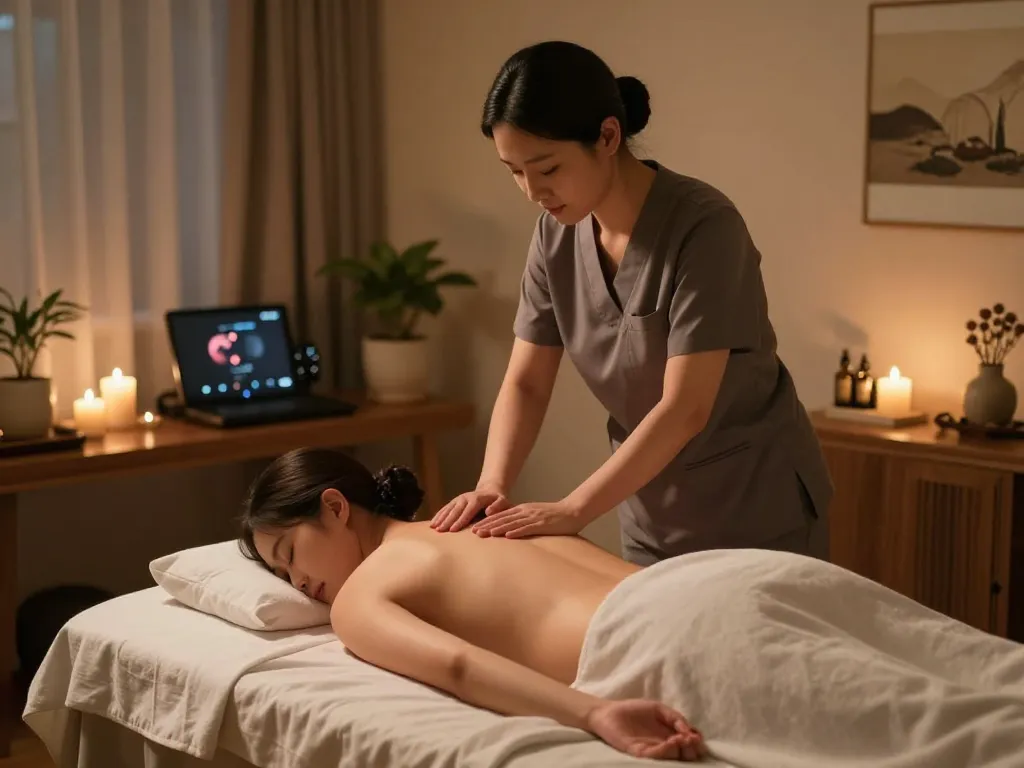 인천 출장마사지 service in a serene hotel room with a therapist applying soothing techniques.