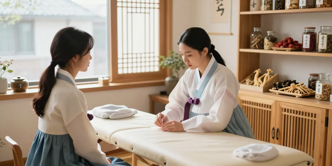 Healing consultation at 영통한의원 with a patient receiving acupuncture therapy, surrounded by herbal remedies.