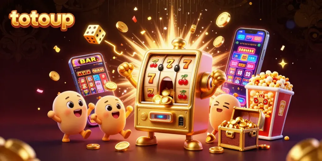 Engage with the totoup slot machine, celebrating jackpots in a vibrant casino scene filled with gold coins and excitement.