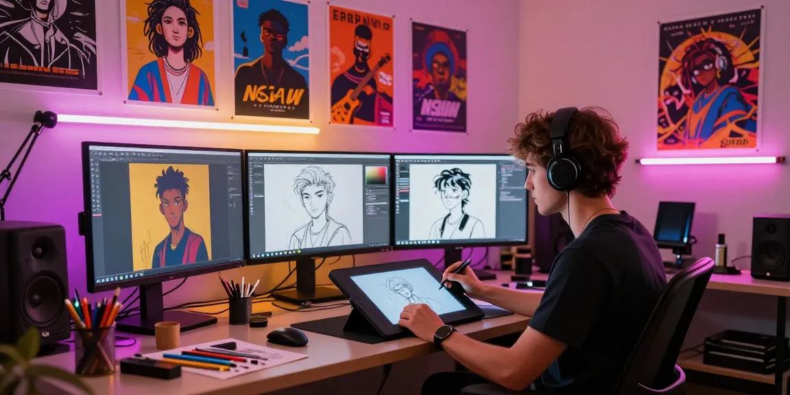 Artist designing NSFW AI characters in a vibrant digital art studio.