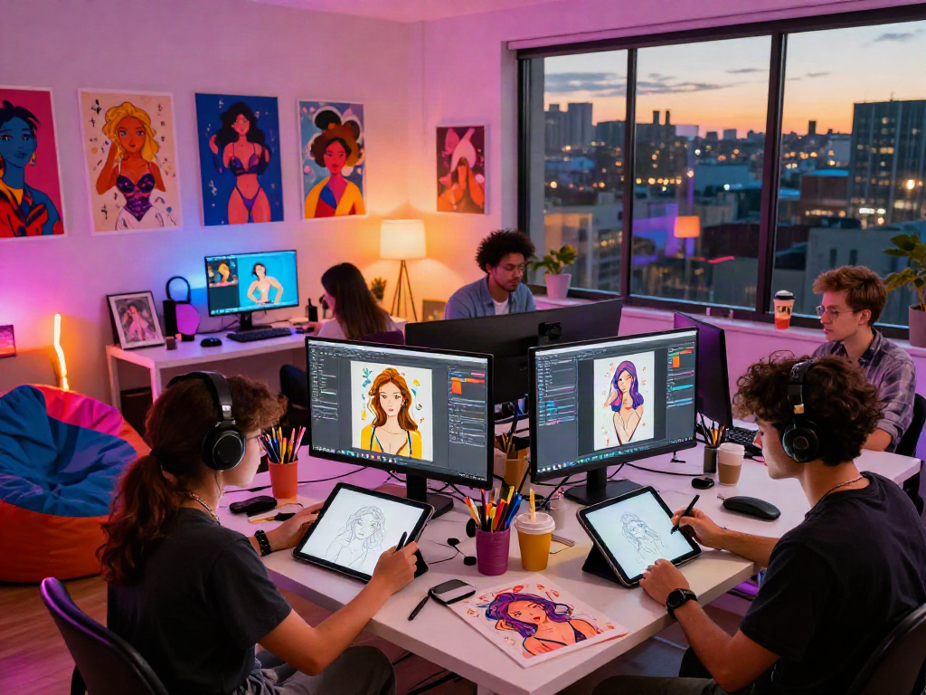 Creating NSFW AI art in a vibrant collaborative workspace filled with digital artists.