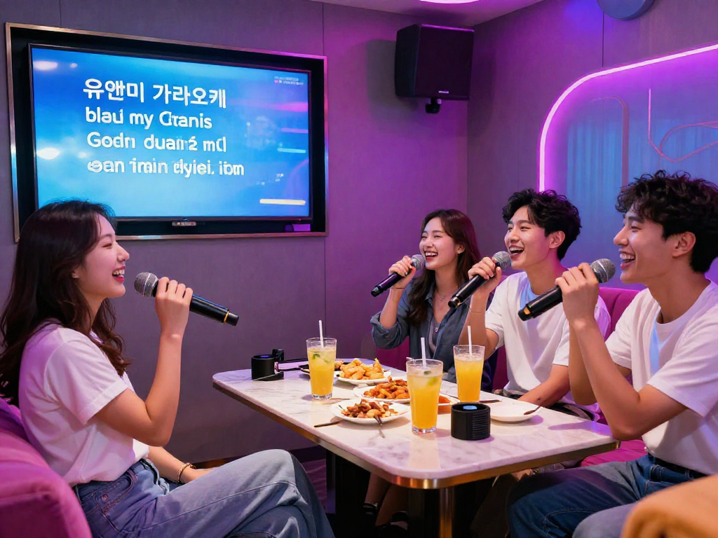 유앤미 가라오케에서 친구들이 즐겁게 노래하는 모습과 화려한 조명으로 분위기를 연출한 장면