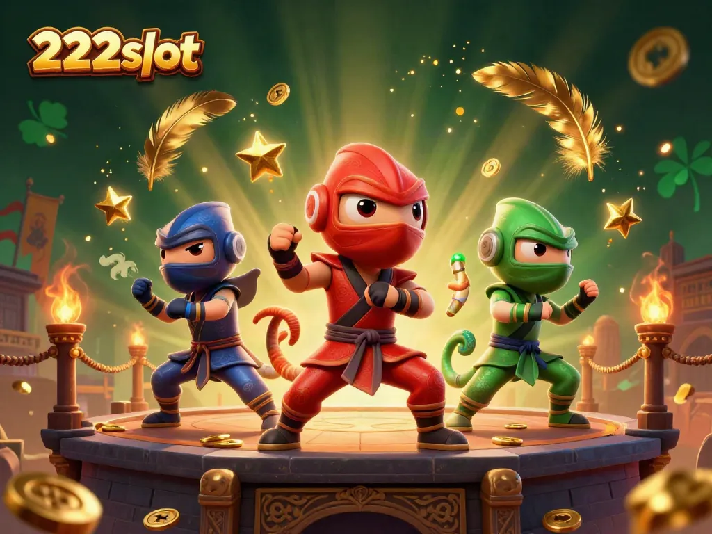Mainkan 222slot dengan tim ninja chameleon melakukan gerakan seni bela diri di latar belakang tembok kuno.