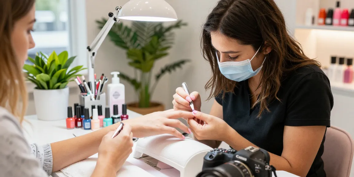 Aplicarea profesională a bazei și top coat-ului unghiilor într-un salon de unghii modern.