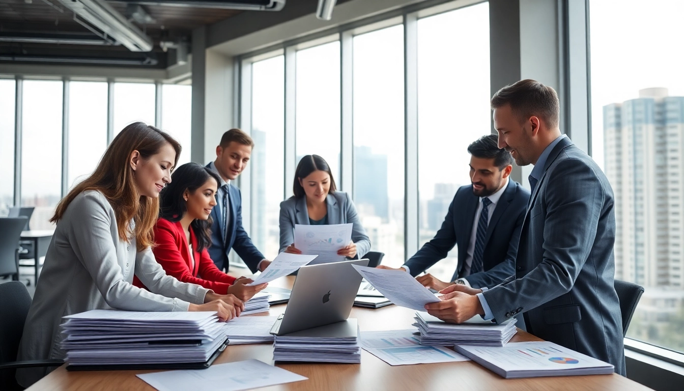 Individuals collaborating over Federal and State contracts in a modern office setting.