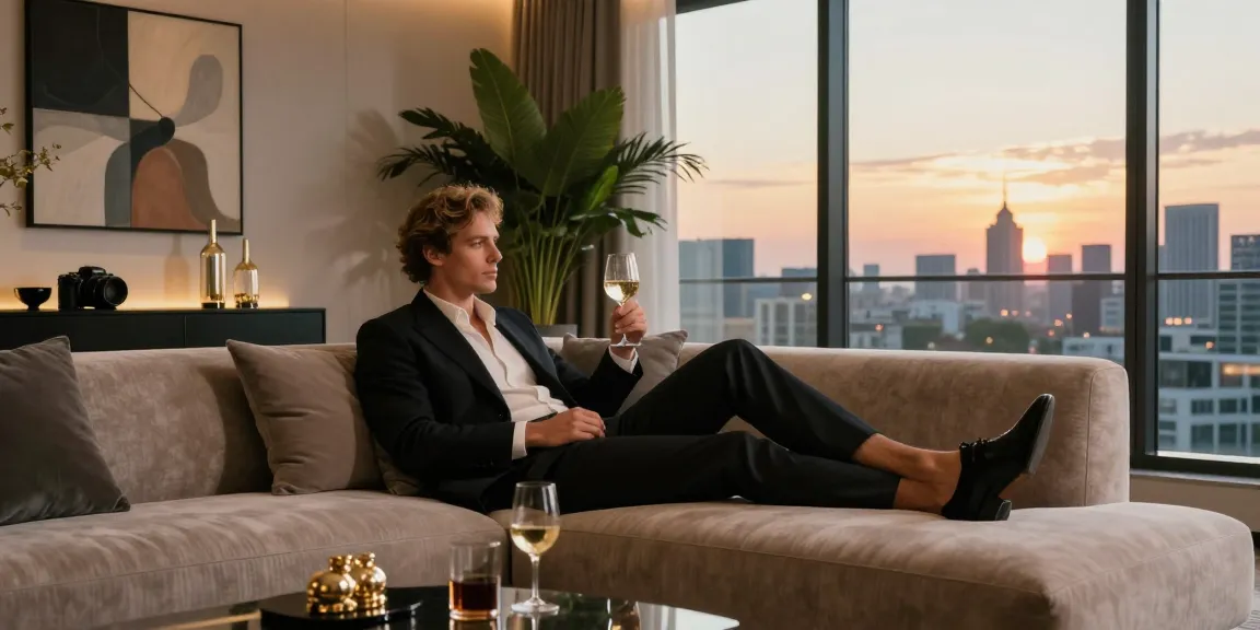 Suasana mewah luxury111 di apartemen modern, individu bergaya menikmati waktu santai dengan anggur.
