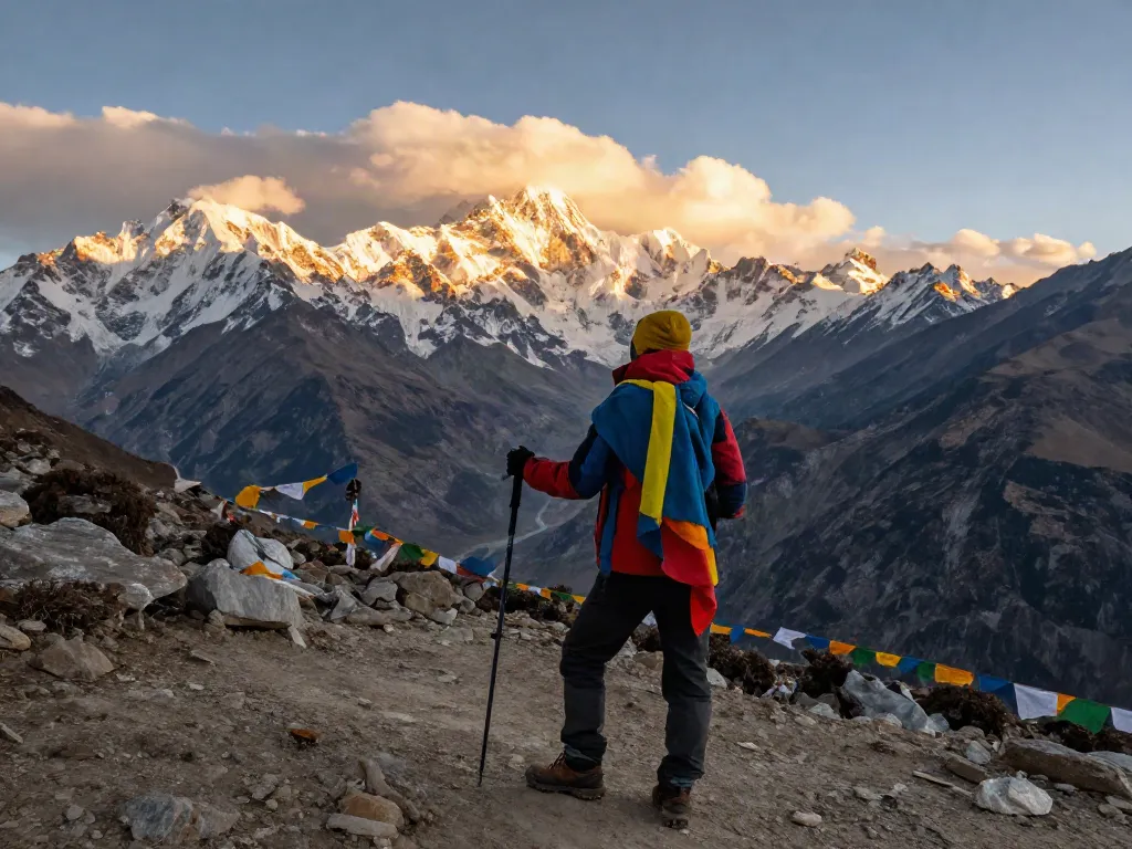 Traveler enjoying the scenic Manaslu Circuit Trek at Larkya La Pass with majestic mountain backdrop.