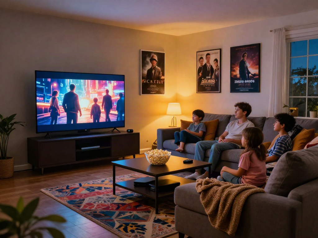 Family enjoying Moviebox movies in a cozy home theater setting with popcorn and warm ambiance.