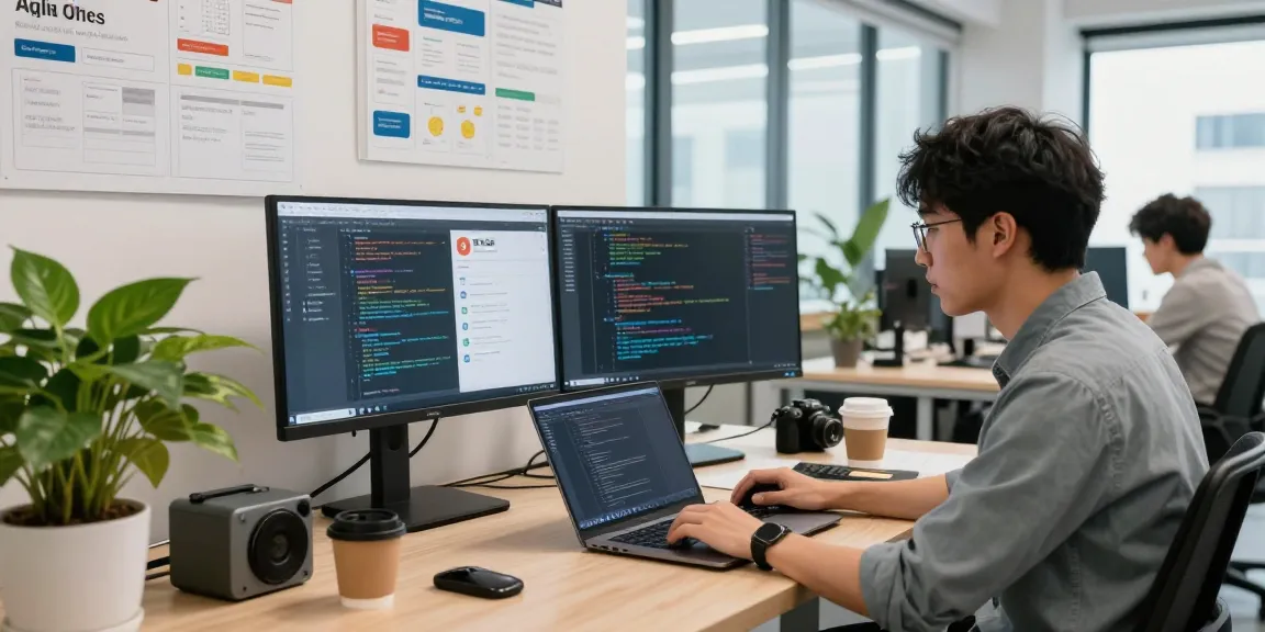 Developer coding in a modern workspace, showcasing 纸飞机中文版 as a key communication tool.