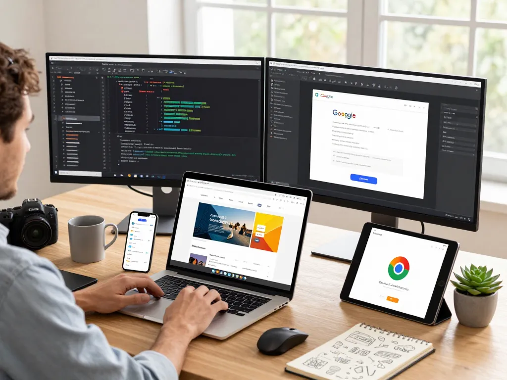 Explore the seamless browsing experience with 谷歌浏览器 across multiple devices in a modern tech workspace.