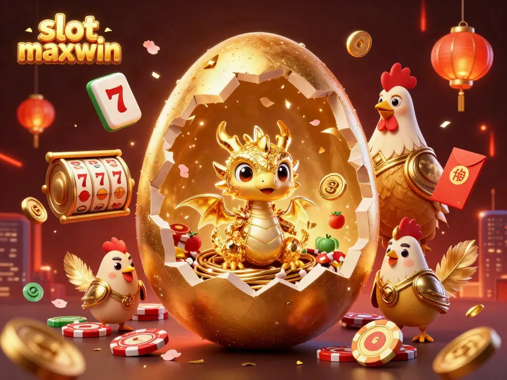 Spin the slot maxwin reels in this vibrant 3D scene with a golden dragon and poker chips.