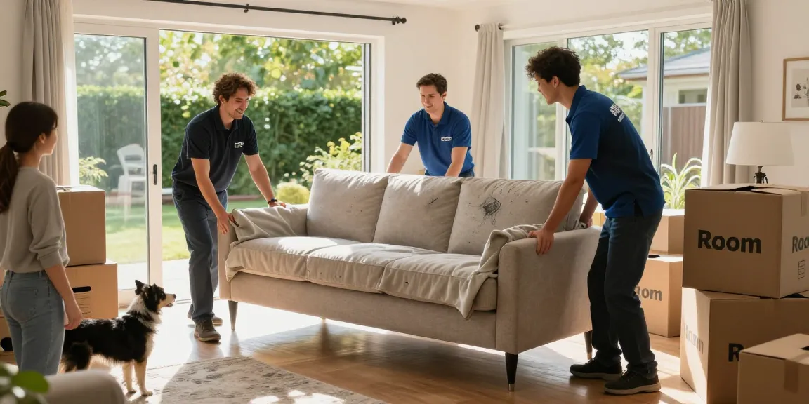 moving company with storage near me - professional movers carefully handling a couch in a residential setting, showcasing an organized and friendly moving experience