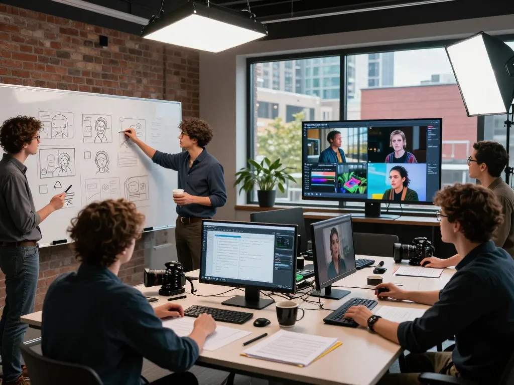 Filmmakers using Seedance 2.0 in a modern video studio, showcasing AI video technology.