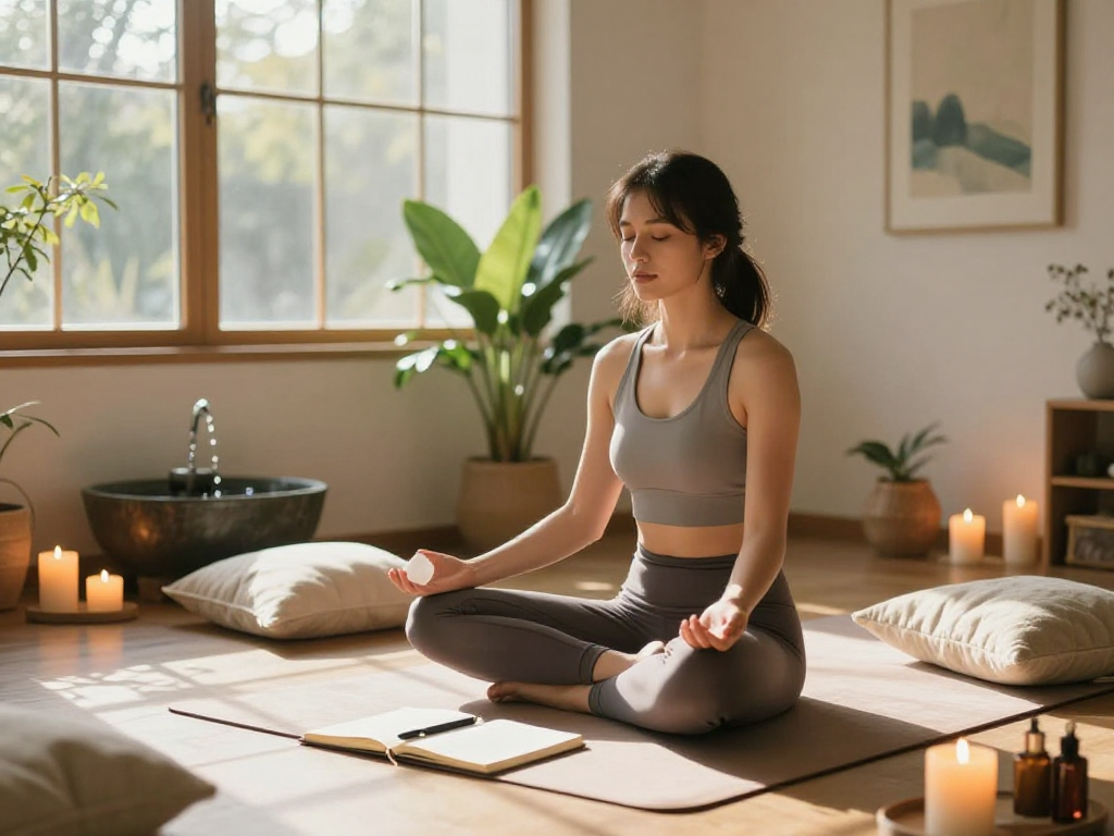 Youthful woman practicing mantra88 meditation in a tranquil space with candles and plants.