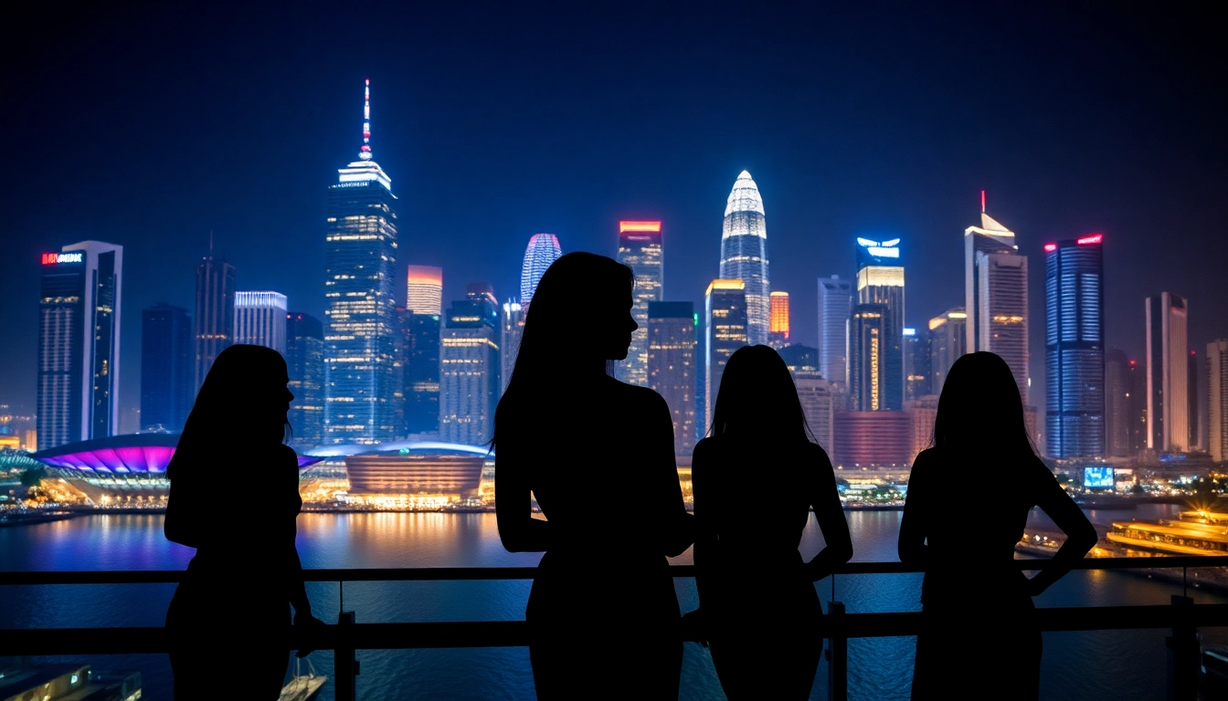 Luxurious Singapore escort models against a shimmering city skyline at night, showcasing elegance and allure.