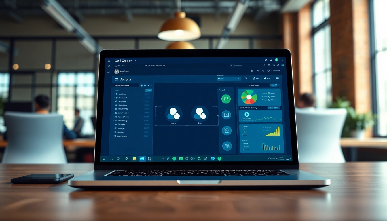 Showcasing call centre software on a modern laptop, highlighting key features in a professional environment.