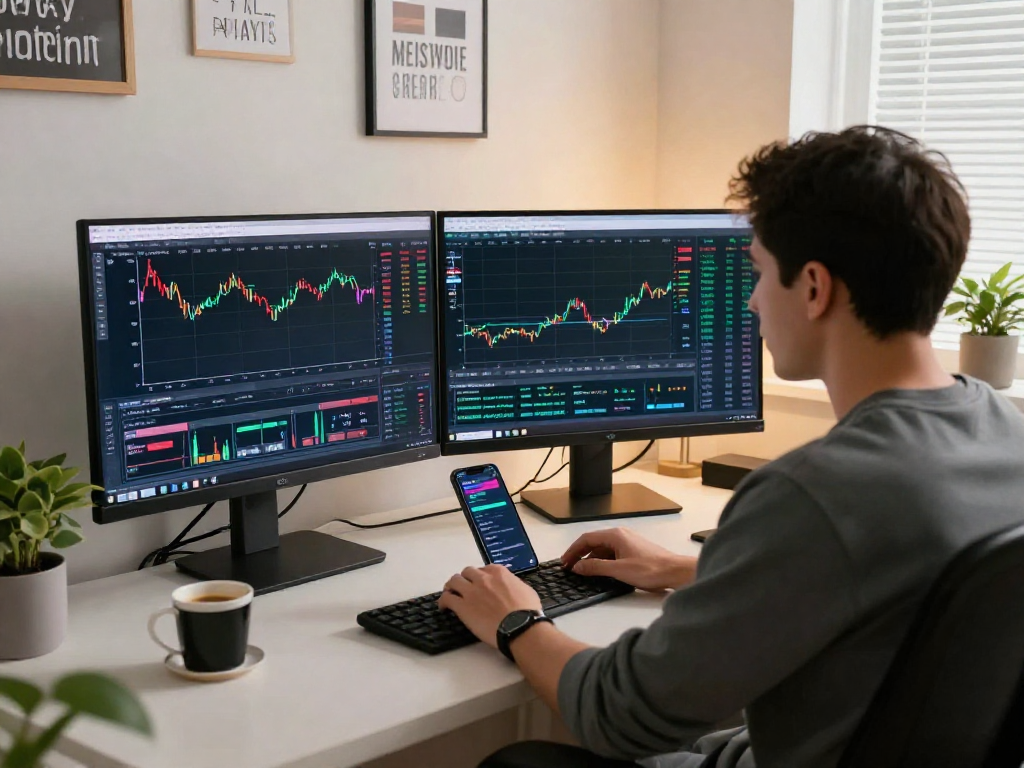 Trader using metatrader 5 on dual monitors in a modern office setting