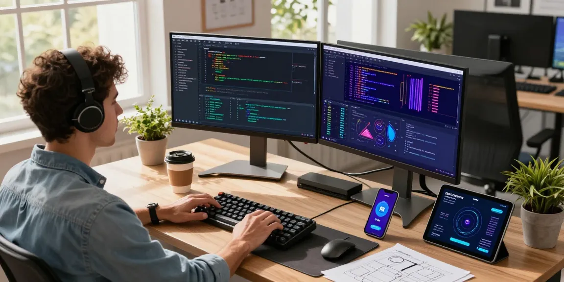 快连 software developer at a modern workspace with multiple monitors displaying coding and network performance.
