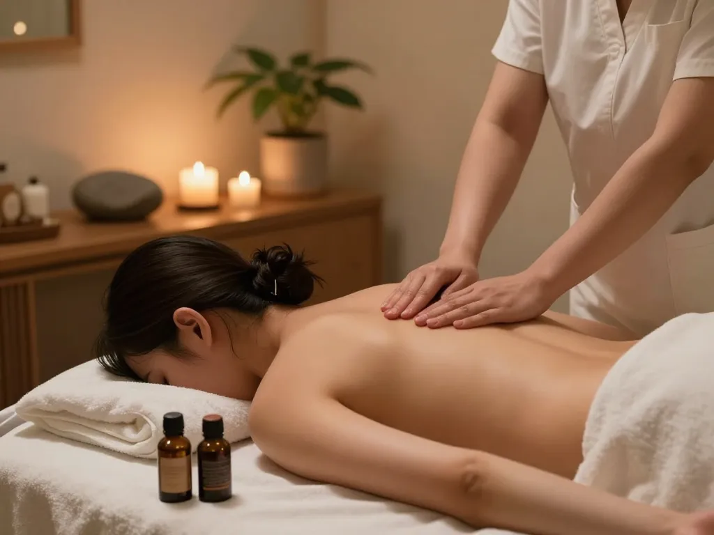 Indulging in 동대문스웨디시 massage therapy, therapeutic oils used in a serene spa setting.