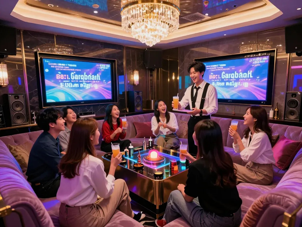 Experience the lively atmosphere of 강남가라오케 with friends enjoying karaoke in luxury private rooms.