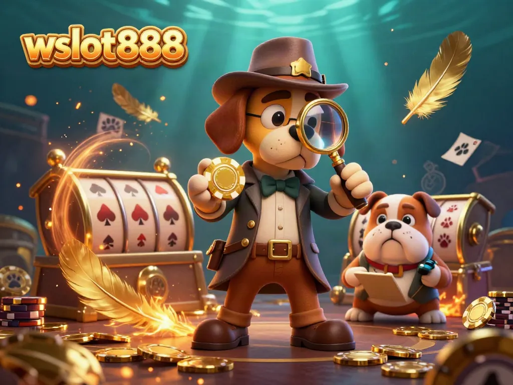 Wslot888 menampilkan detektif dan bulldog dalam permainan slot yang menarik dan penuh petunjuk.