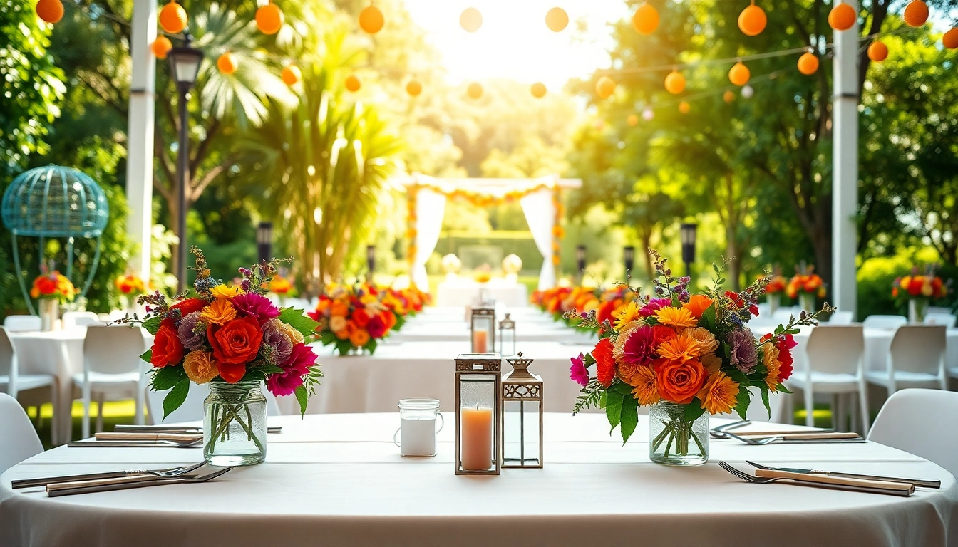 Coordinate stunning outdoor event rentals for a wedding with elegant tables and colorful decor.