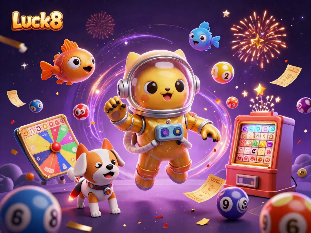 Experience Luck8 in a vibrant casino universe with dynamic games and colorful elements in this captivating illustration.